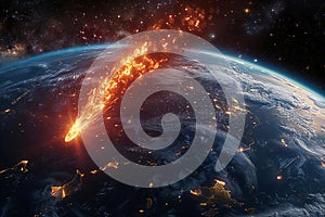 The fiery meteorite, resembling an exploding red fireball, falls towards the earth's surface in space.