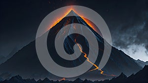A fiery molten lava filled Mount Doom volcano in Mordor