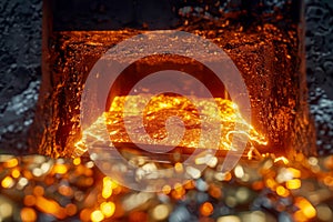 Fiery Molten Metal in Industrial Furnace at a Steel Foundry with Glowing Orange Flames and Intense Heat