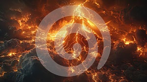 A fiery mountain with a volcano on top and a stormy sky