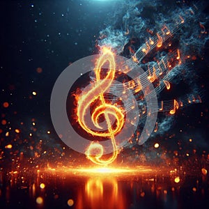 Fiery musical note in focus, with music notes blazing in the background, evoking a powerful