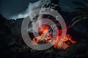 Fiery Night: Volcanic Eruption with Explosive Lighting