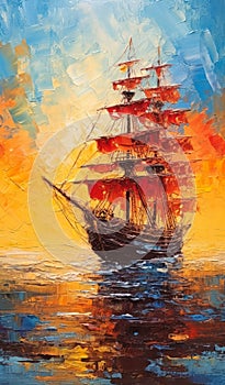 Fiery Ocean Sunset: A Stunning Sailing Ship Painting with Heavy Impasto Technique