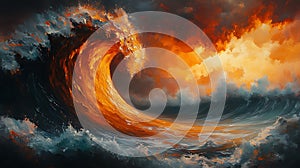 Fiery ocean wave crashing, sunset sky, dramatic art, fantasy