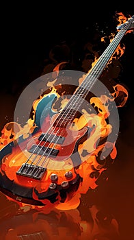 Fiery orange bass guitar, diagonal stance, flaming hot background, rock