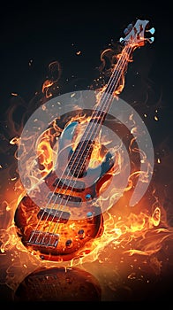 Fiery orange bass guitar, diagonal stance, flaming hot background, rock