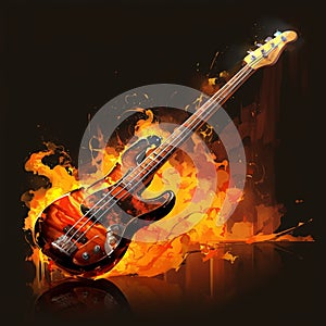 Fiery orange bass guitar, diagonal stance, flaming hot background, rock