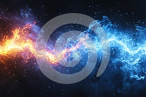 Fiery orange and cool blue energy waves in a cosmic starry sky background