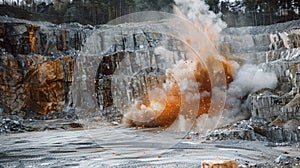 Fiery orange explosions burst across the quarry as workers use highpowered drills to break apart the tougher sections of