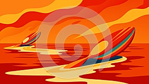 Fiery orange and red boards flying across the lake leaving a trail of ripples in their wake.. Vector illustration. photo