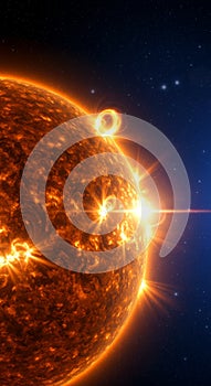 Fiery Orange Sun In Dark Blue Space