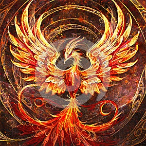 A fiery phoenix bird with wings out stretched rising from a spiral surface. Lifeforce sparks