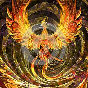A fiery phoenix bird with wings out stretched rising from a spiral surface. Lifeforce sparks