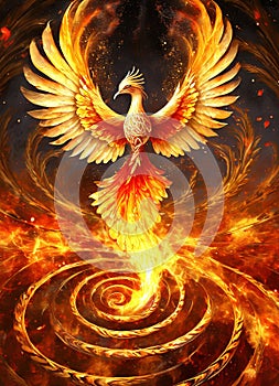 A fiery phoenix bird with wings out stretched rising from a spiral surface. Lifeforce sparks