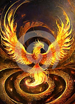 A fiery phoenix bird with wings out stretched rising from a spiral surface. Lifeforce sparks