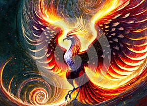 A fiery phoenix bird with wings out stretched rising from a spiral surface. Lifeforce sparks