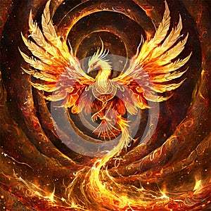 A fiery phoenix bird with wings out stretched rising from a spiral surface. Lifeforce sparks