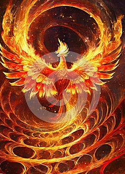 A fiery phoenix bird with wings out stretched rising from a spiral surface. Lifeforce sparks