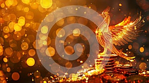 A fiery phoenix perched atop a glowing digital coin representing the resurgence of digital currency photo