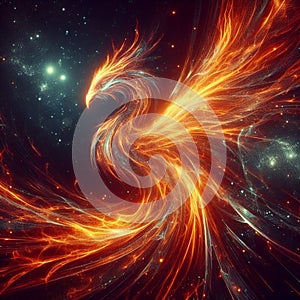 A fiery Phoenix, reborn from digital ashes in the glow of deep space.