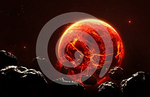 Fiery planet with asteroids