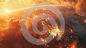 Fiery planet with a bright sun in the background