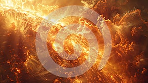 A fiery planet with a bright sun and clouds