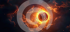 Fiery planet surrounded by dramatic clouds in cosmic space scene