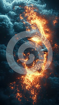 Fiery profile of a face emerging from volcanic smoke