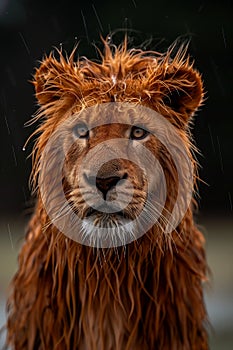 Fiery Rain: A Wildlife Portrait of a Wet Lion with Watery Eyes i