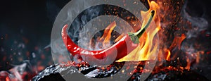 Fiery Red Chili Pepper in Dramatic Blaze. A vibrant vegetable in a fire, with sparks and smoke around, evoking the