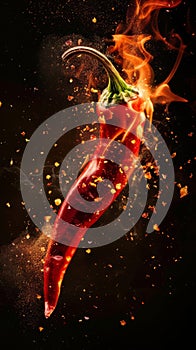 Fiery red chili pepper engulfed in flames with flying sparks