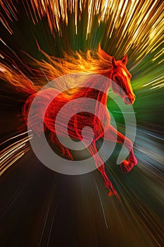 Fiery Red Horse Galloping with Dynamic Light Streaks in Motion Blur Art.
