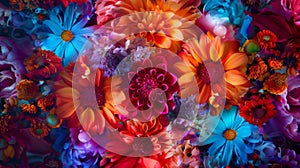 From fiery reds to electric blues immerse yourself in a world of colorful flower explosions that form a stunning floral