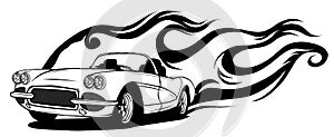 Fiery retro sports car design template. illustration Vector.