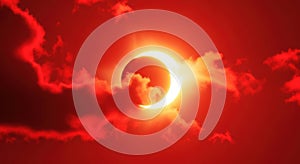 Fiery ring of fire solar eclipse through red clouds