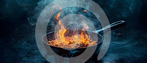 Fiery Skillet Symphony: A Blaze of Culinary Passion. Concept Food Styling, Gourmet Cooking,