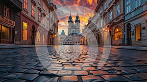 The fiery sky of sunset casts a dramatic backdrop to the gothic spires of an old city.