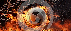 Fiery soccer ball ablaze as it dramatically smashes into the net, engulfing it in flames