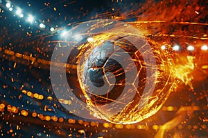 Fiery soccer ball go fast at the football stadium. Generative AI