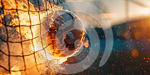 Fiery Soccer Ball In Goal With Net In Flames