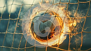 Fiery Soccer Ball In Goal With Net In Flames