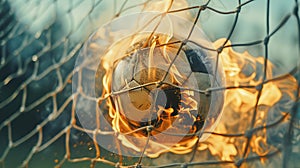 Fiery Soccer Ball In Goal With Net In Flames