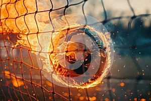 Fiery Soccer Ball In Goal With Net In Flames