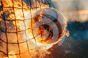 Fiery Soccer Ball In Goal With Net In Flames