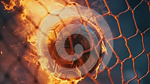 Fiery Soccer Ball In Goal With Net In Flames