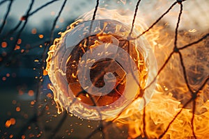 Fiery Soccer Ball In Goal With Net In Flames