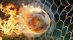 Fiery Soccer Ball In Goal With Net In Flames