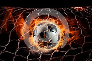 Fiery soccer ball in net. Generate ai