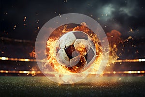Fiery soccer ball, powerfully kicked, close up action in a stadium